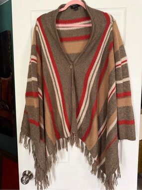 Fringed Striped Shawl Cardigan Poncho - Brown & Red